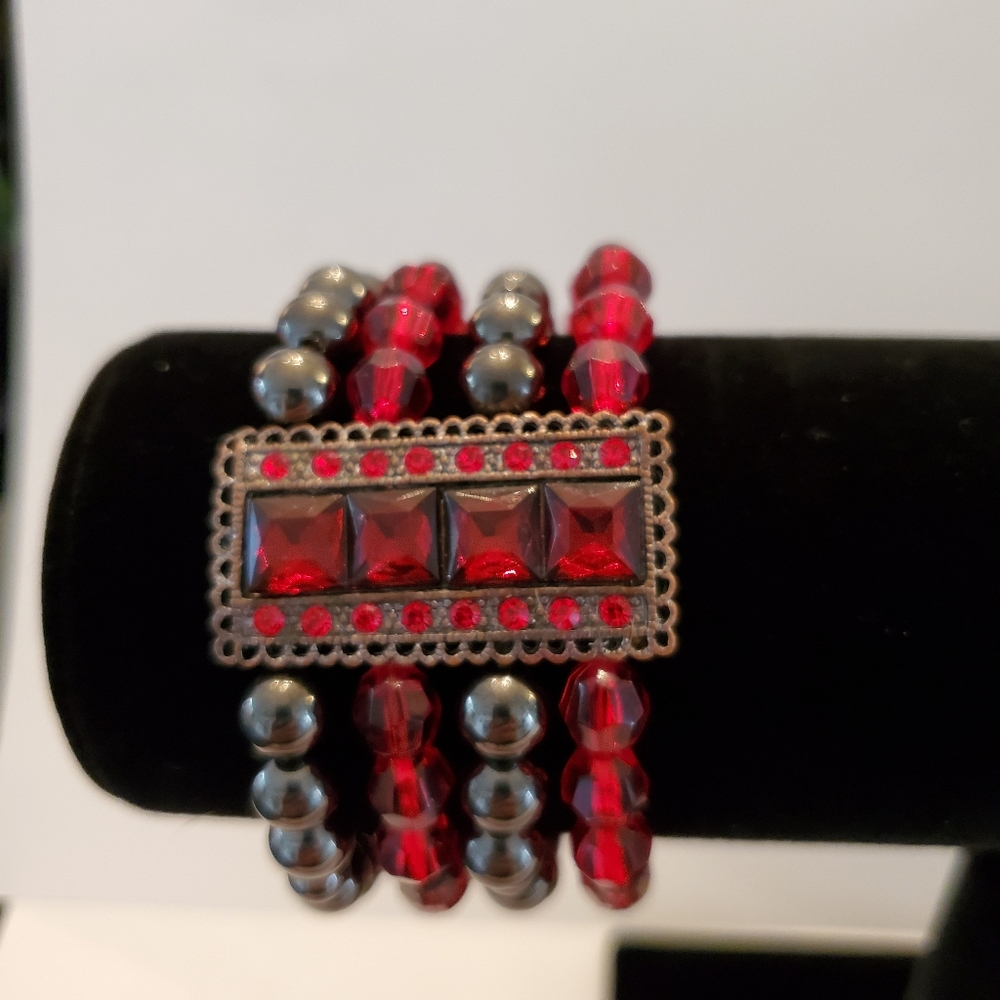 Boho beaded four strand stretch bracelet red